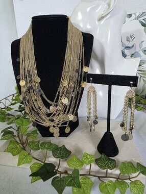 Gold & Gunmetal Multi-Strand Layered Coin Statement Necklace Set